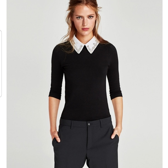 Zara Tops - ZARA Knit Removable Jeweled Collar Sweater